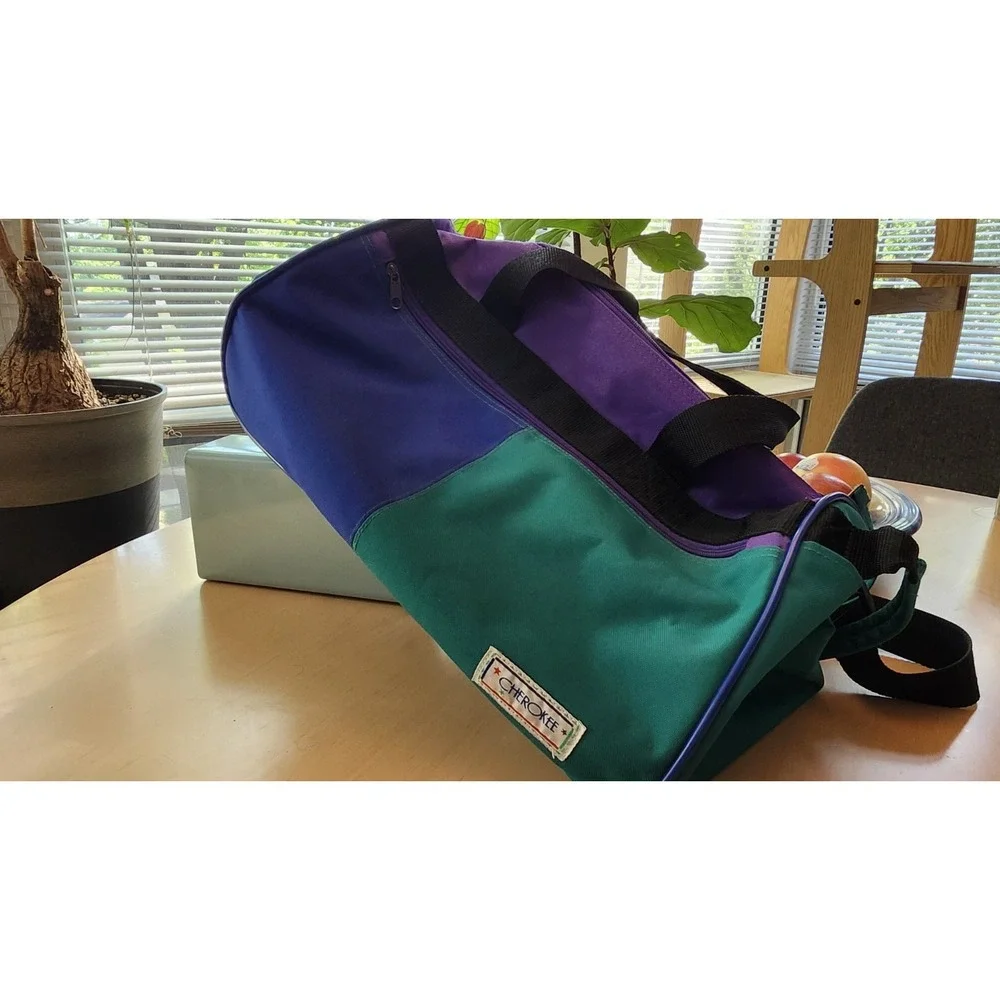 Cherokee Large Nylon Colorblock Duffel Bag Zip Adjustable Strap Blue Green